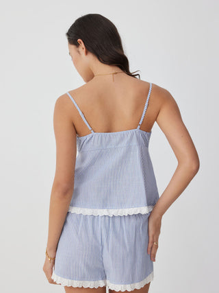 Woven Cotton-blend Striped Sweetheart Lace Trim Cami Top & Mid Rise Shorts Loungewear Set For Home Bedroom