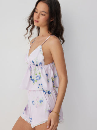 Satin Floral Lace Trim Crop Cami & High Rise Shorts Loungewear Set