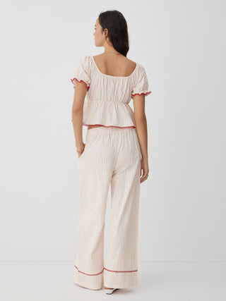Woven Cotton-blend Striped Puff Sleeve Bowknot Top & Mid Rise Wide Leg Loungewear Set For Home Bedroom