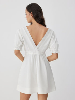 Linen-blend Linen-blend V-neck Puff Sleeve Lace Trim Mini Nightdress For Home Bedroom