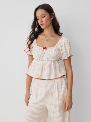 Woven Cotton-blend Striped Puff Sleeve Bowknot Top & Mid Rise Wide Leg Loungewear Set For Home Bedroom