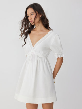 Linen-blend Linen-blend V-neck Puff Sleeve Lace Trim Mini Nightdress For Home Bedroom