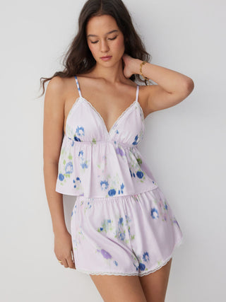 Satin Floral Lace Trim Crop Cami & High Rise Shorts Loungewear Set