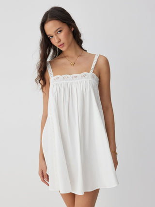 Cotton Square Neck  Eyelet Smock Mini Nightdress