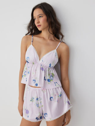 Satin Floral Lace Trim Crop Cami & High Rise Shorts Loungewear Set