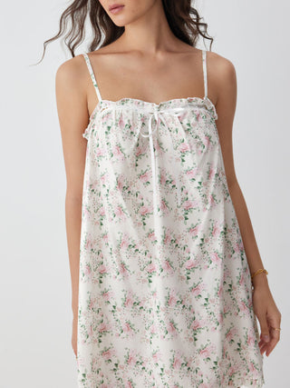 Cotton Floral Square Neck Bowknot Lace Trim Ruffle Hem Mini Nightdress