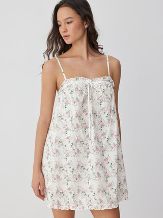 Cotton Floral Square Neck Bowknot Lace Trim Ruffle Hem Mini Nightdress
