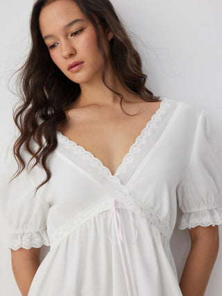 Linen-blend Linen-blend V-neck Puff Sleeve Lace Trim Mini Nightdress For Home Bedroom