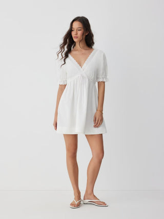 Linen-blend Linen-blend V-neck Puff Sleeve Lace Trim Mini Nightdress For Home Bedroom