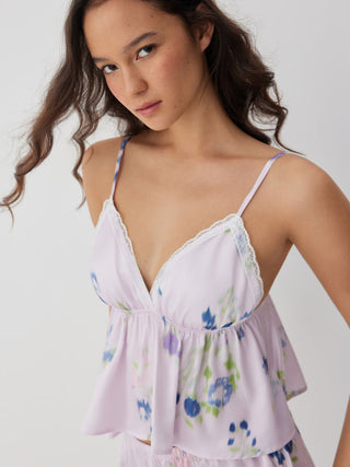 Satin Floral Lace Trim Crop Cami & High Rise Shorts Loungewear Set