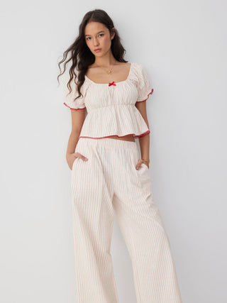 Woven Cotton-blend Striped Puff Sleeve Bowknot Top & Mid Rise Wide Leg Loungewear Set For Home Bedroom