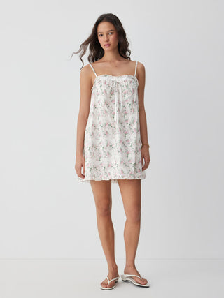 Cotton Floral Square Neck Bowknot Lace Trim Ruffle Hem Mini Nightdress
