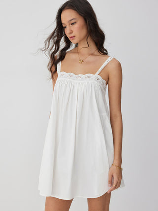 Cotton Square Neck  Eyelet Smock Mini Nightdress