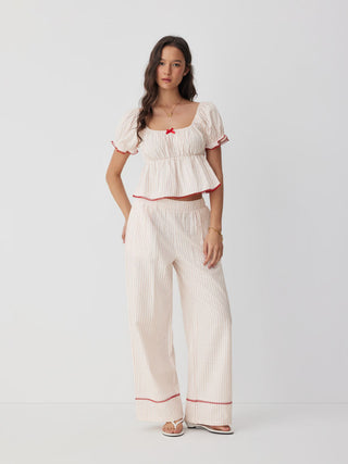 Woven Cotton-blend Striped Puff Sleeve Bowknot Top & Mid Rise Wide Leg Loungewear Set For Home Bedroom
