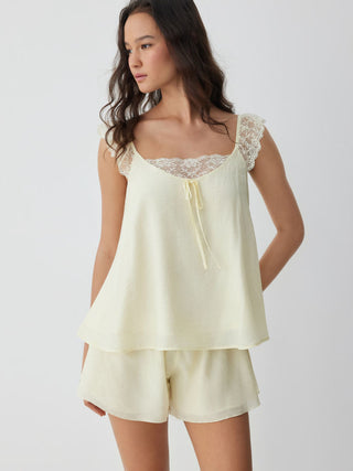 Square Neck Lace Trim Oversized Top & Mid Rise Wide Leg Trousers Loungewear Set