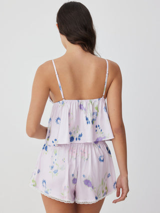 Satin Floral Lace Trim Crop Cami & High Rise Shorts Loungewear Set