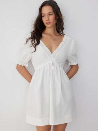 Linen-blend Linen-blend V-neck Puff Sleeve Lace Trim Mini Nightdress For Home Bedroom