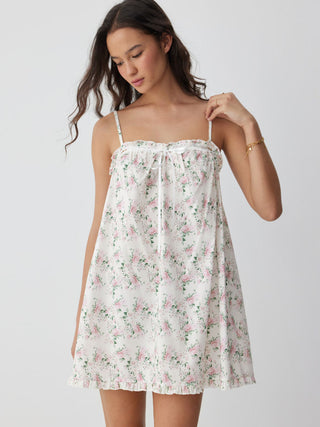 Cotton Floral Square Neck Bowknot Lace Trim Ruffle Hem Mini Nightdress