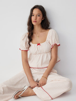 Woven Cotton-blend Striped Puff Sleeve Bowknot Top & Mid Rise Wide Leg Loungewear Set For Home Bedroom