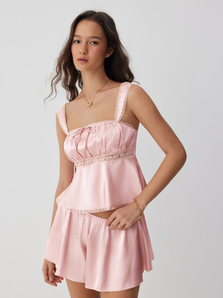 Satin Lace Trim Bowknot Tank Top & Low Rise Shorts Loungewear Set