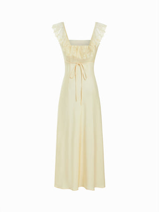 Satin Satin Square Neck Lace Ruffled Split Slip Maxi Dress For Date Party/Clubbing