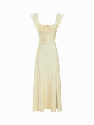 Satin Satin Square Neck Lace Ruffled Split Slip Maxi Dress For Date Party/Clubbing