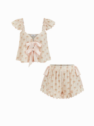 Summer Dress Summer Dresses Euro Summer beachwear swimsuits Cotton Cotton-blend Floral V-neck Bowknot Crop Top & Mid Rise Shorts Loungewear Set For Home Bedroom