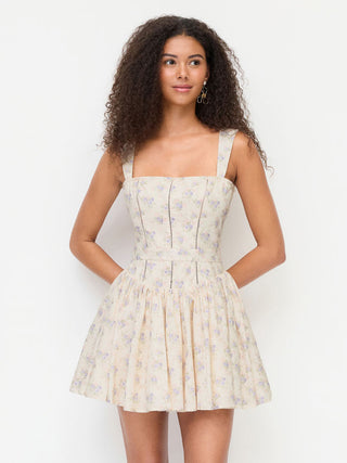 corset Cotton Cotton-blend Floral Square Neck Pleated Flared Mini Dress For Daily Casual Picnic