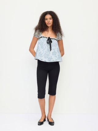Woven Textured Floral Square Neck Puff Sleeve Bowknot Lace Trim Blouse For Daily Casual Date
