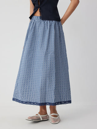 Woven High Rise Gingham Lace Trim A-line Maxi Skirt For Daily Casual Vacation