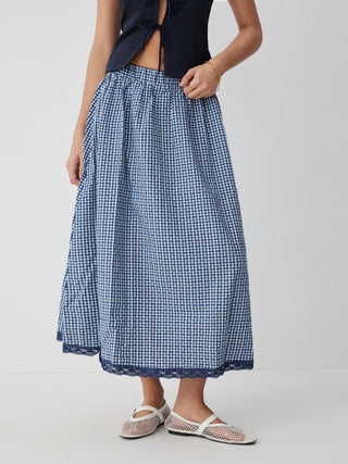 Woven High Rise Gingham Lace Trim A-line Maxi Skirt For Daily Casual Vacation