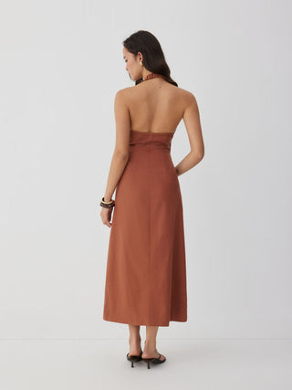 Linen-blend V-neck Cut Out Knotted Maxi Dresses