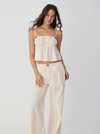 Woven Cotton-blend Striped Bowknot Cami Top & Mid Rise Wide Leg Loungewear Set For Home Bedroom