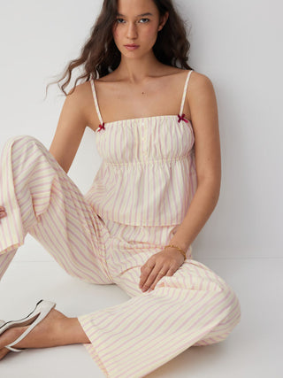 Woven Cotton-blend Striped Bowknot Cami Top & Mid Rise Wide Leg Loungewear Set For Home Bedroom