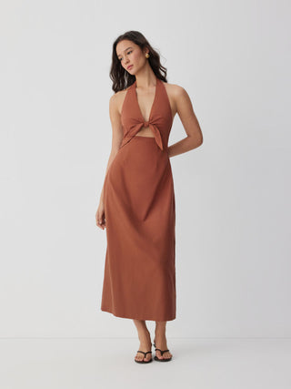 Linen-blend V-neck Cut Out Knotted Maxi Dresses