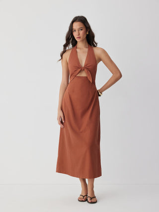 Linen-blend V-neck Cut Out Knotted Maxi Dresses