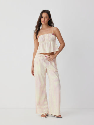 Woven Cotton-blend Striped Bowknot Cami Top & Mid Rise Wide Leg Loungewear Set For Home Bedroom