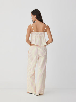Woven Cotton-blend Striped Bowknot Cami Top & Mid Rise Wide Leg Loungewear Set For Home Bedroom