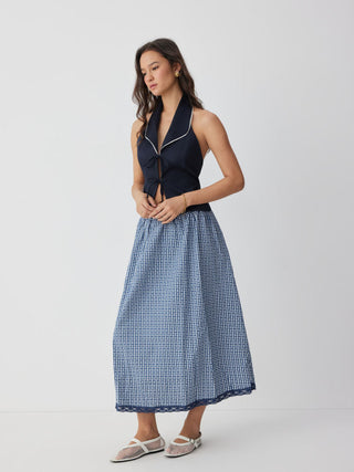 Woven High Rise Gingham Lace Trim A-line Maxi Skirt For Daily Casual Vacation