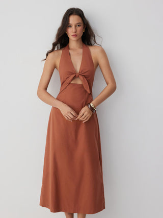 Linen-blend V-neck Cut Out Knotted Maxi Dresses