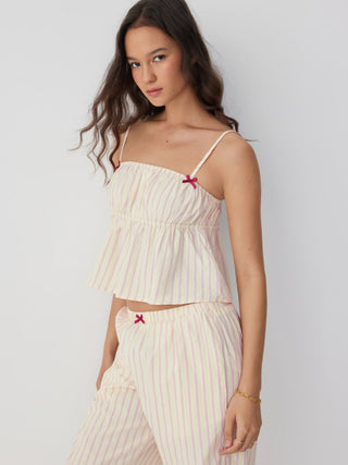 Woven Cotton-blend Striped Bowknot Cami Top & Mid Rise Wide Leg Loungewear Set For Home Bedroom