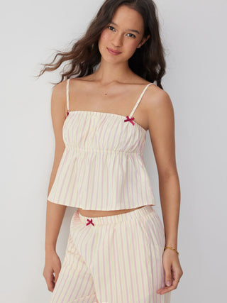 Woven Cotton-blend Striped Bowknot Cami Top & Mid Rise Wide Leg Loungewear Set For Home Bedroom