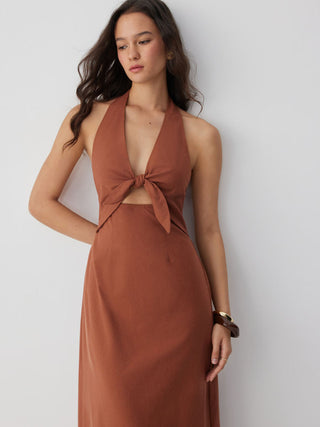 Linen-blend V-neck Cut Out Knotted Maxi Dresses