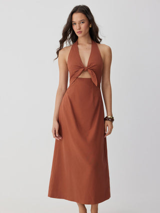 Linen-blend V-neck Cut Out Knotted Maxi Dresses