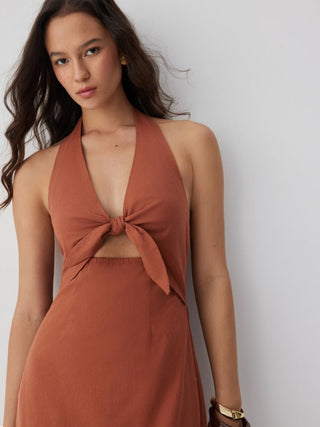 Linen-blend V-neck Cut Out Knotted Maxi Dresses