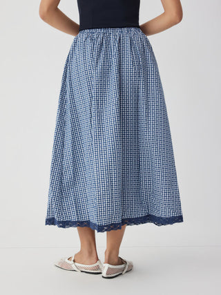 Woven High Rise Gingham Lace Trim A-line Maxi Skirt For Daily Casual Vacation