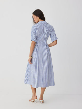 Cotton-blend Striped Mid-length Sleeve Draped Shirt Maxi Dress