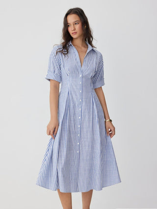Cotton-blend Striped Mid-length Sleeve Draped Shirt Maxi Dress