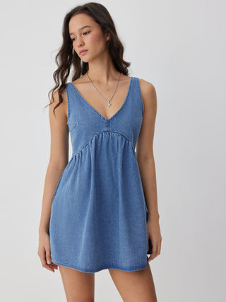 Denim V-neck Tie Back A-line Oversized Mini Dress