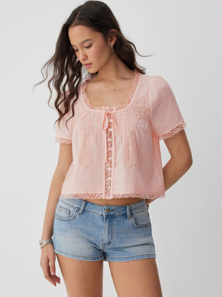 Cotton-blend Scoop Neckline Lace Trim Knotted Puff Sleeve Blouse